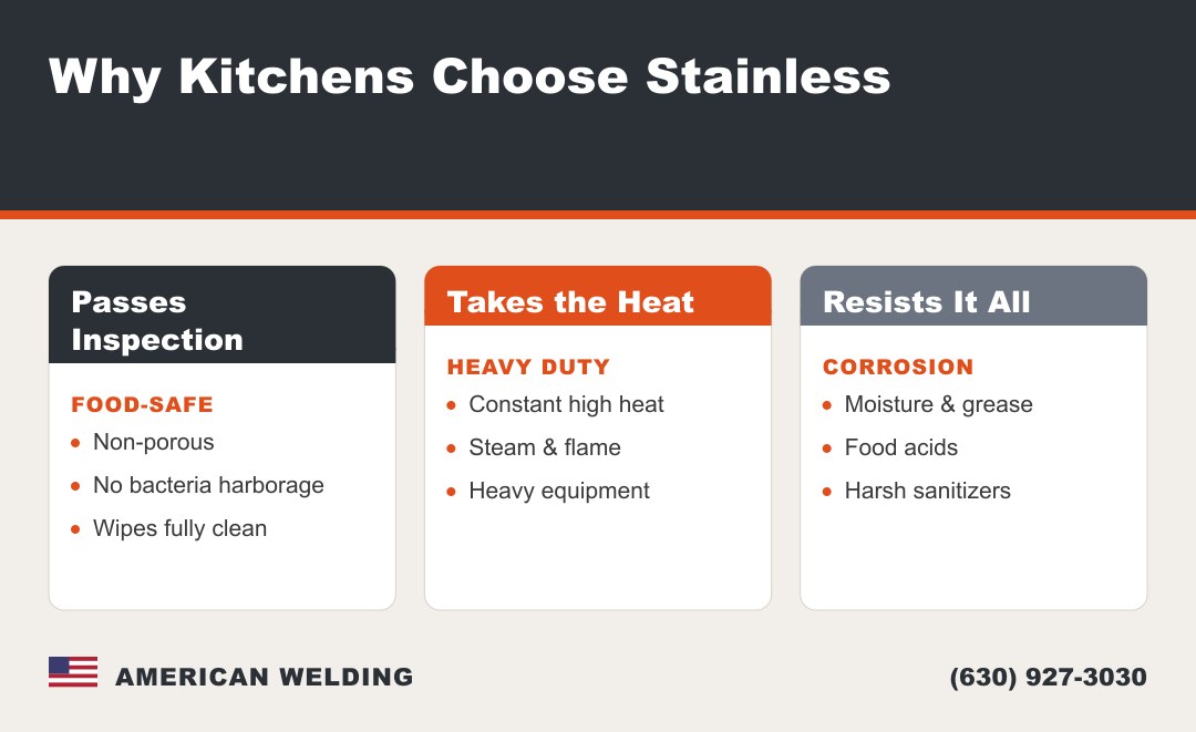 Why commercial kitchens use stainless steel — food-safe, heat-proof, corrosion-resistant