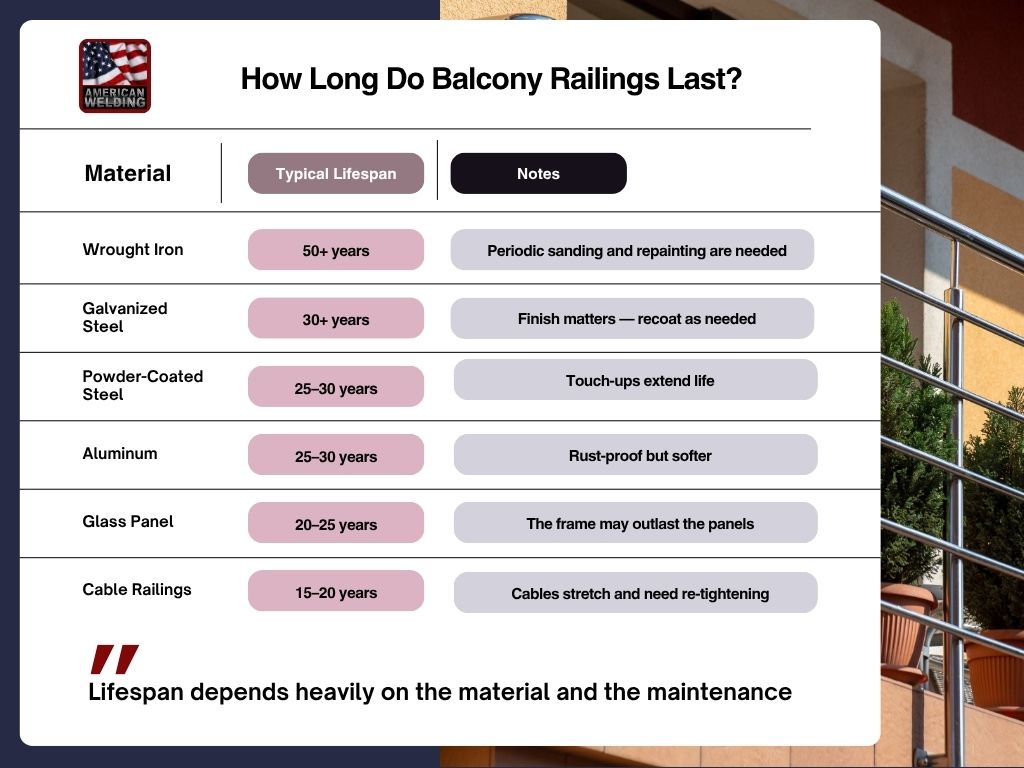 How long do balcony railings last — lifespan by material