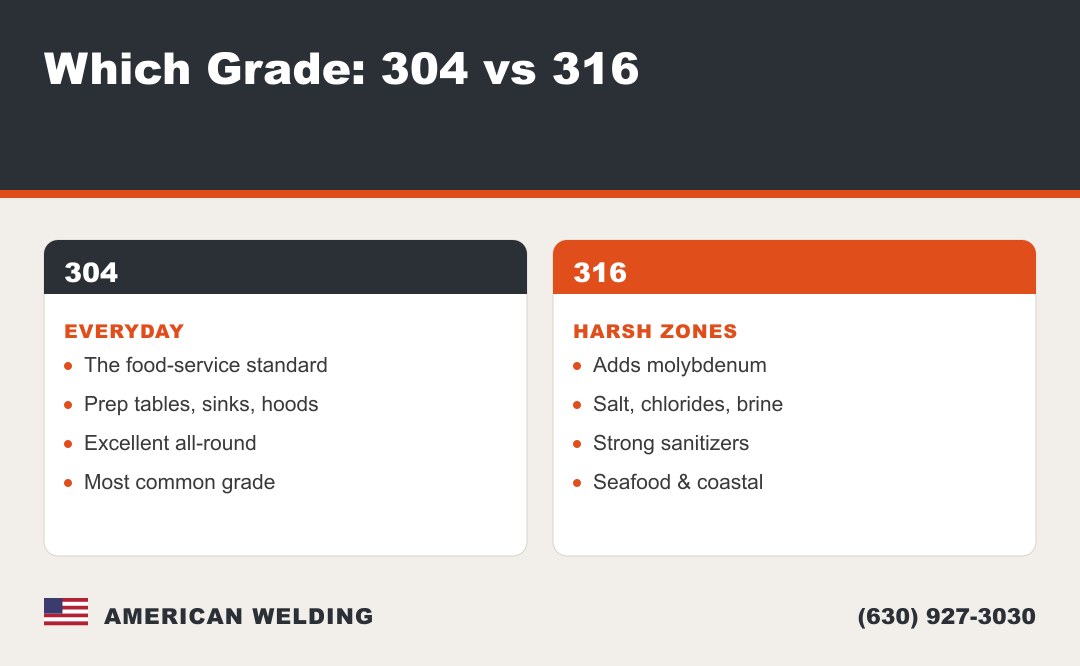 Commercial kitchen stainless grades — 304 vs 316