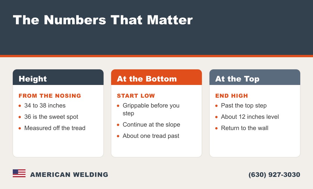 Stair railing key measurements — height, start, and end points