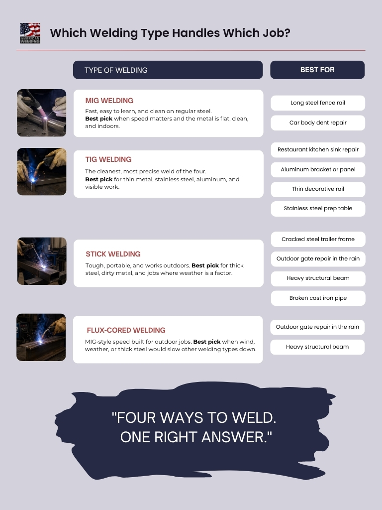 Which welding type handles which job — MIG, TIG, stick and flux-cored compared
