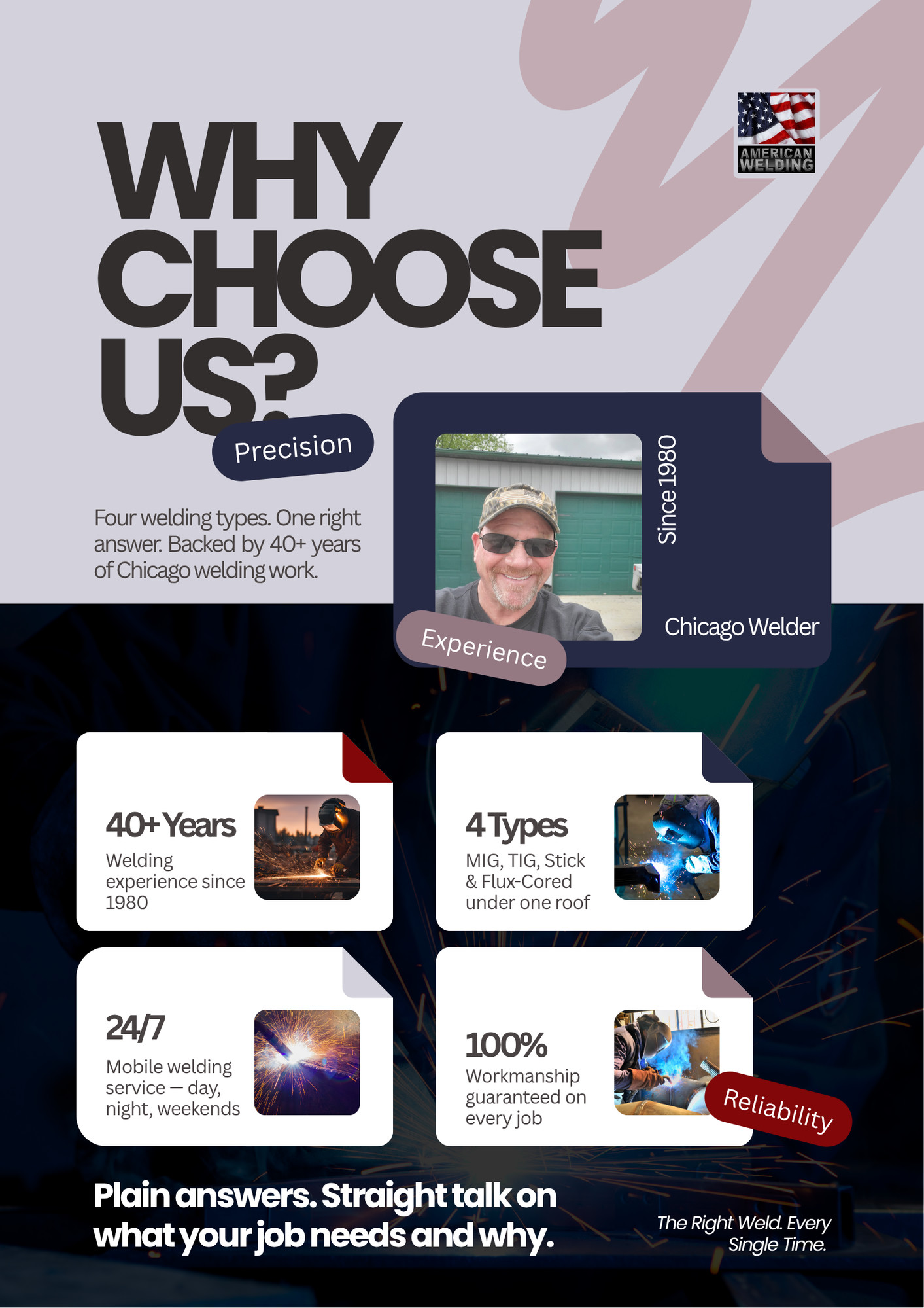 Why choose American Welding — 40+ years, all four welding types, mobile service, workmanship guaranteed