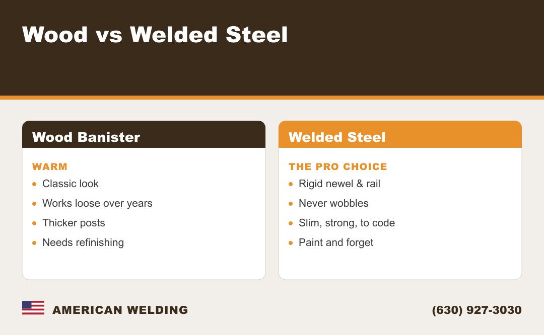 Wood vs welded steel banister for a landing