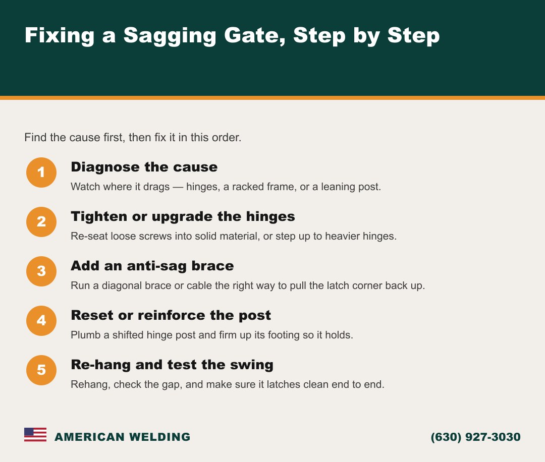 How to fix a sagging gate step by step — diagnose, hinges, brace, post, re-hang