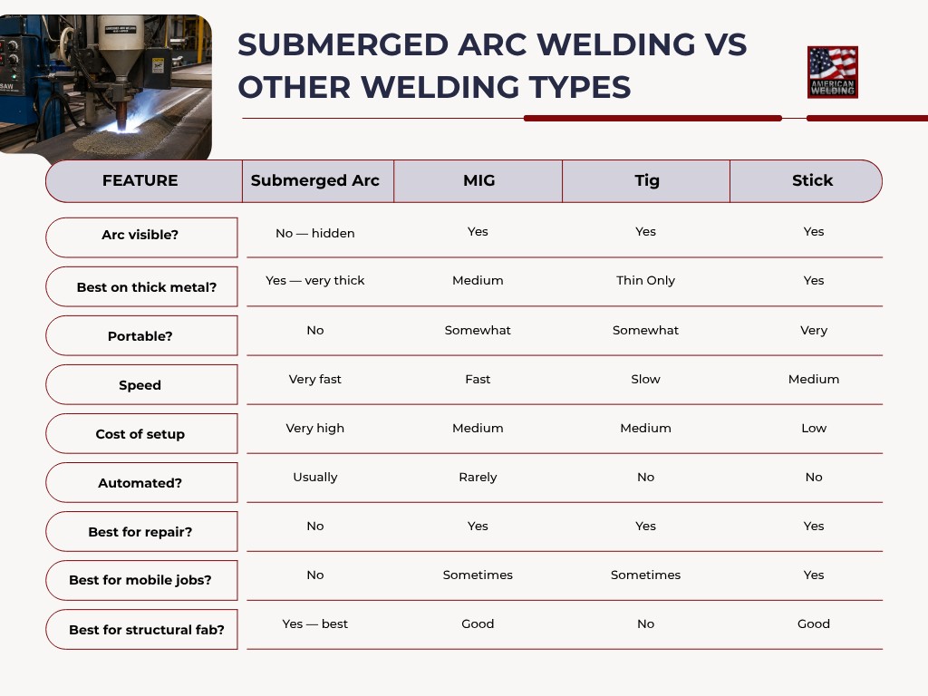 Submerged arc welding vs MIG, TIG, and stick — compared