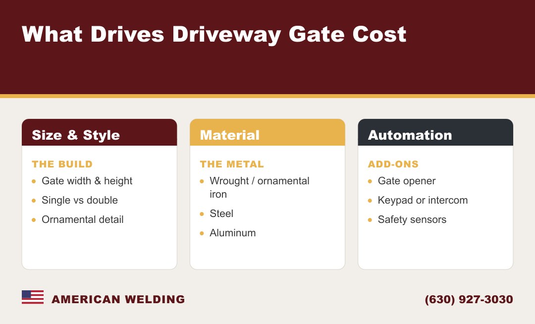 What drives the cost of a driveway gate — size and style, material, and automation
