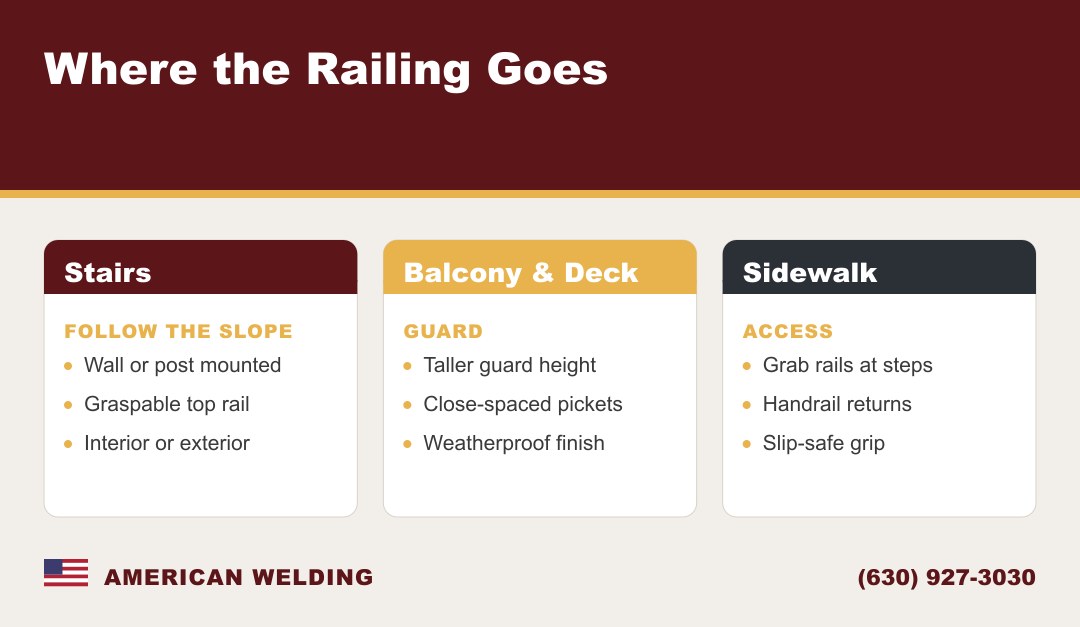 Where the railing goes — stairs, balcony and deck, or sidewalk
