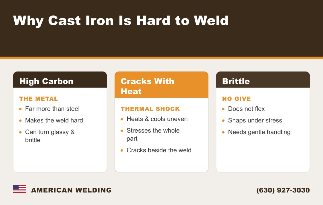 Why cast iron is hard to weld — high carbon, cracks with heat, and brittle