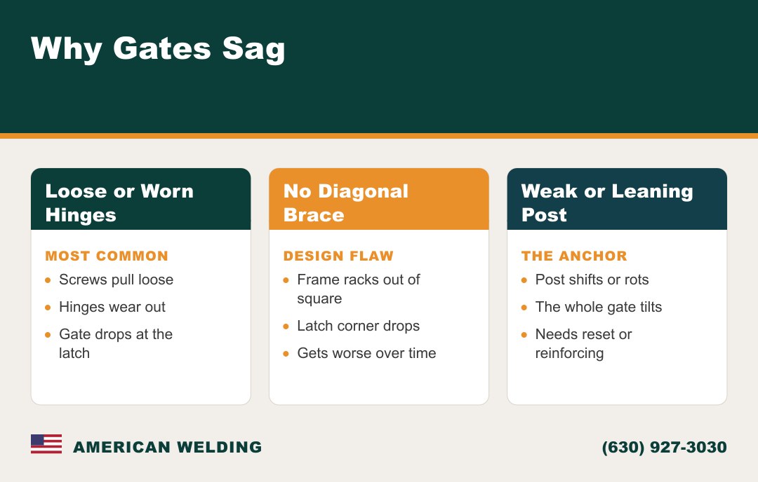 Why gates sag — loose hinges, no diagonal brace, or a weak post